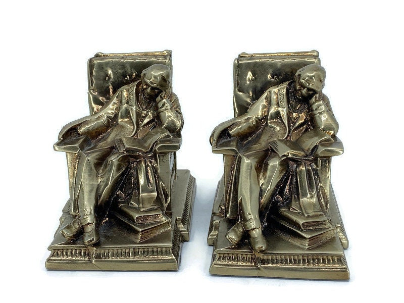 PM CRAFTSMAN Sleeping Man Brass Bookends Chair Books Library Gold
