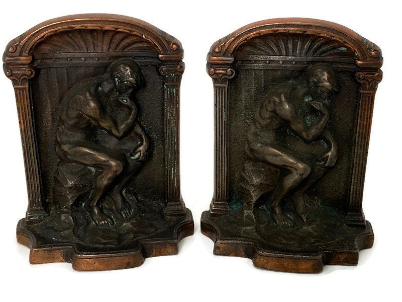 Vintage The Thinker Bookends | Cast Metal Rodin Sculpture | retailer Art Deco Office Decor