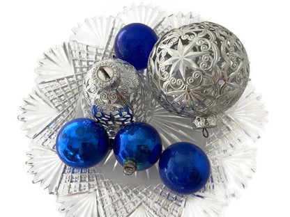 Vintage Christmas Ornaments in Silver Filigree and Blue Balls