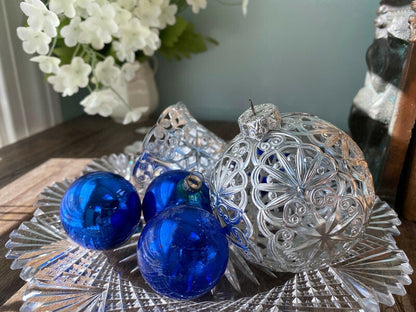 Vintage Christmas Ornaments in Silver Filigree and Blue Balls