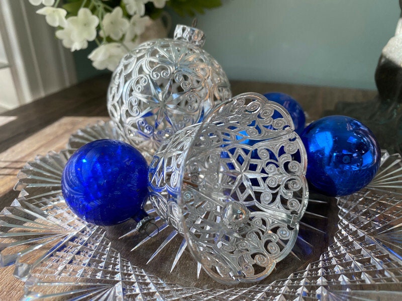 Vintage Christmas Ornaments in Silver Filigree and Blue Balls