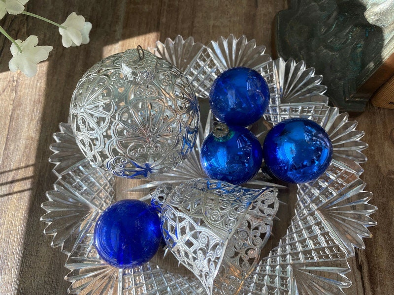 Vintage Christmas Ornaments in Silver Filigree and Blue Balls