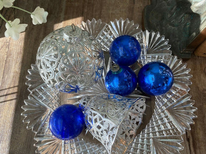 Vintage Christmas Ornaments in Silver Filigree and Blue Balls