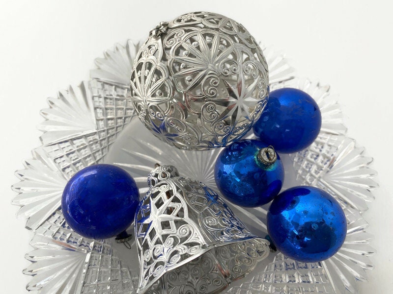 Vintage Christmas Ornaments in Silver Filigree and Blue Balls