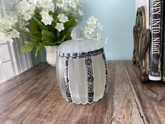 Vintage Frosted Glass Dresser Jar with Sterling Silver Overlay