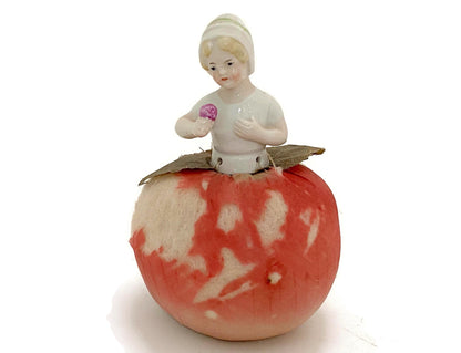 Antique German Ceramic Half Doll Pin Cushion Lady on an Apple