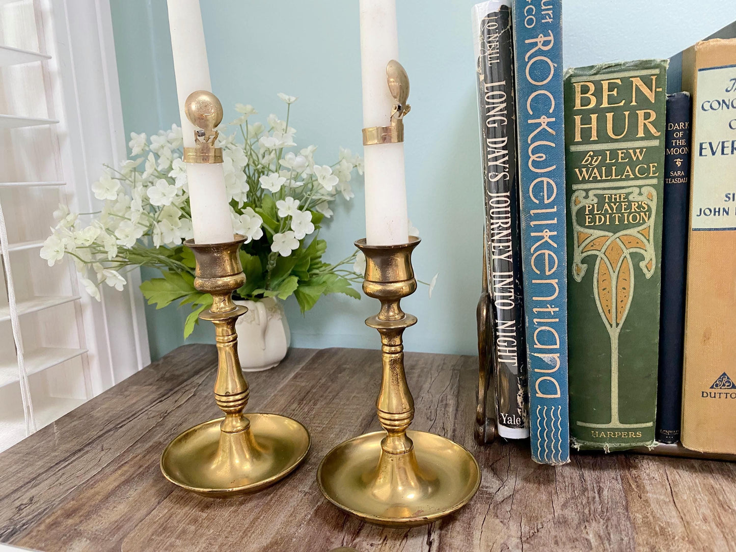 Vintage English Brass Candlesticks with Spring Loaded Snuffers