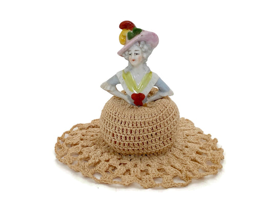 Antique German Ceramic Half Doll Pin Cushion Lady on Crochet Dress