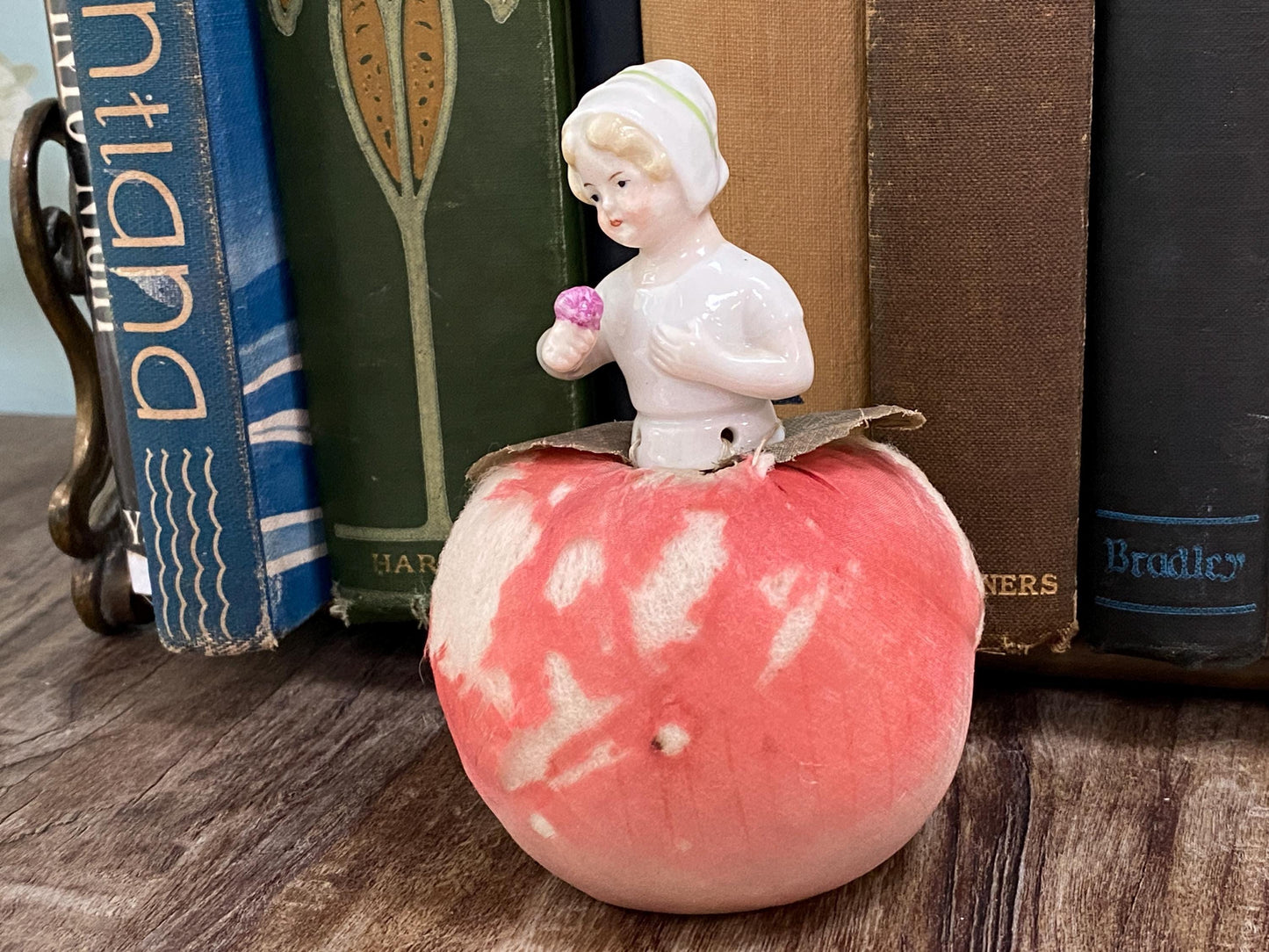 Antique German Ceramic Half Doll Pin Cushion Lady on an Apple