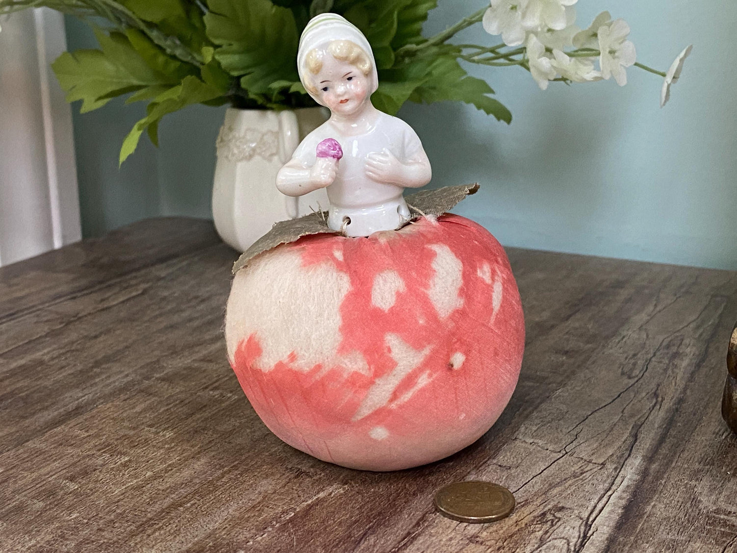 Antique German Ceramic Half Doll Pin Cushion Lady on an Apple