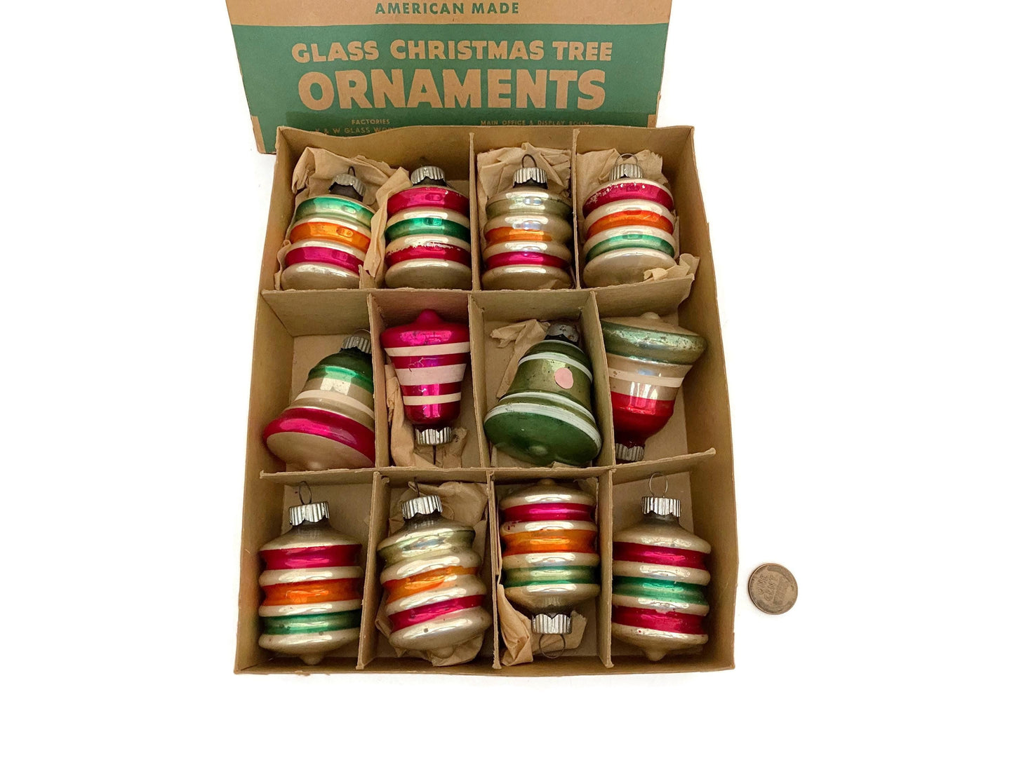 Midcentury Christmas Tree Ornaments in a Shiny Brite Box