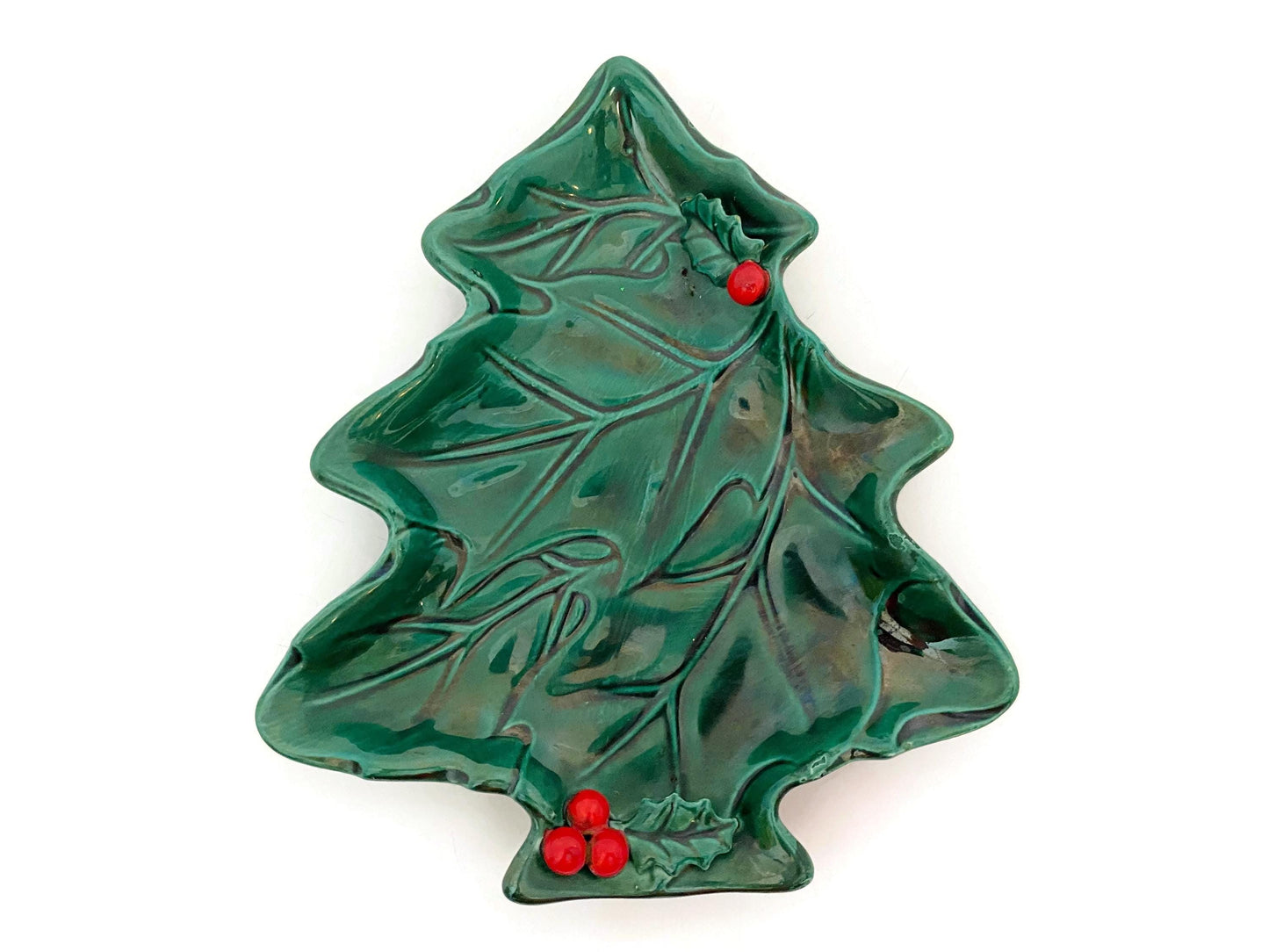 Midcentury Christmas Lefton Ceramic Green Holly Christmas Tree Plate