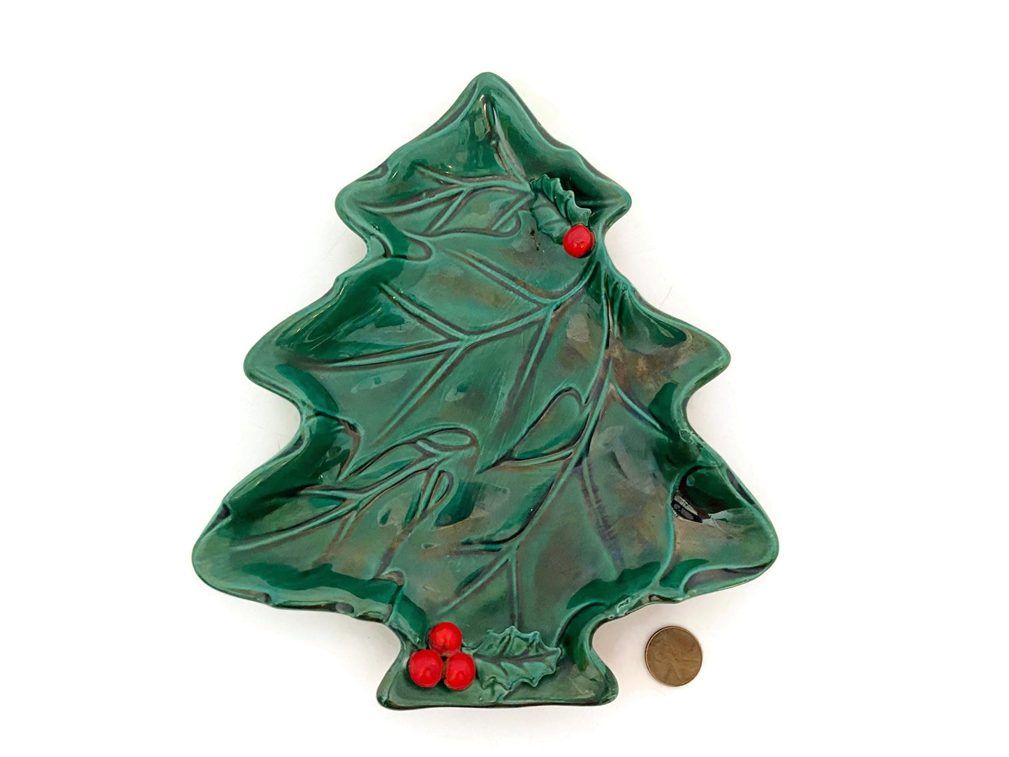 Midcentury Christmas Lefton Ceramic Green Holly Christmas Tree Plate