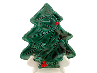 Midcentury Christmas Lefton Ceramic Green Holly Christmas Tree Plate