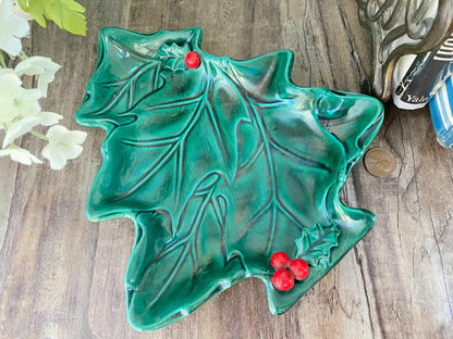 Midcentury Christmas Lefton Ceramic Green Holly Christmas Tree Plate