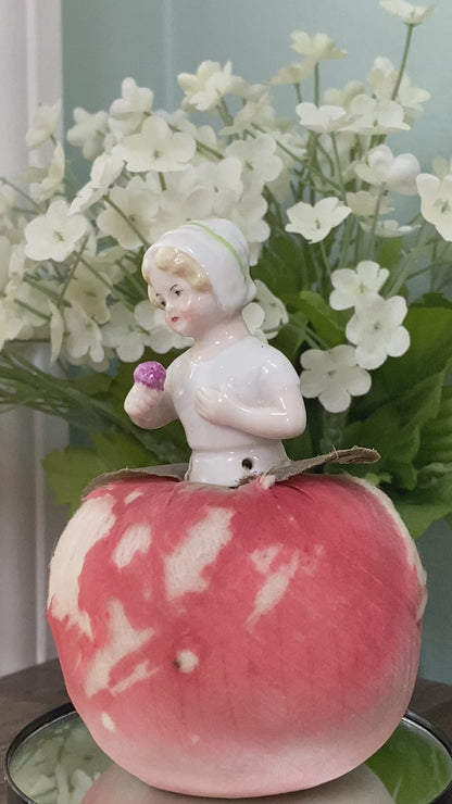 Antique German Ceramic Half Doll Pin Cushion Lady on an Apple