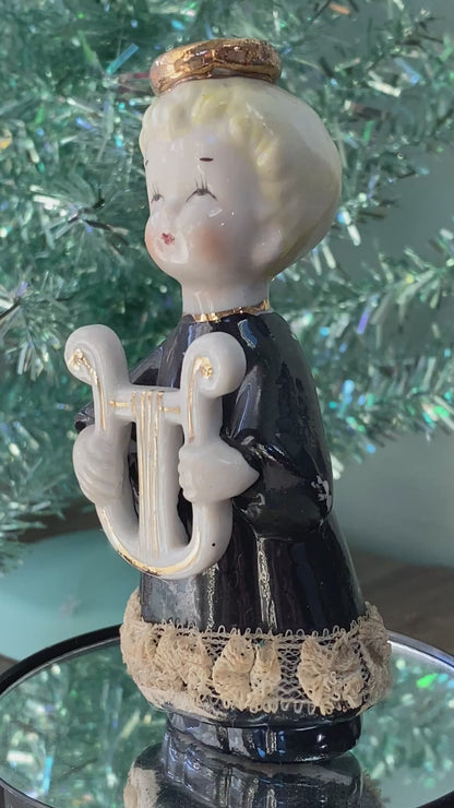 Midcentury Christmas Boy Musician with Lyre Ceramic Figurine