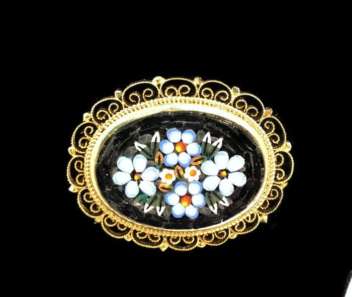 Vintage Italian Floral Mosaic good Silver Tone Filagree Brooch Pin