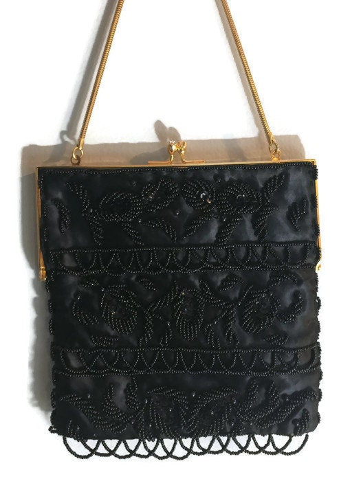 Vintage Evening Bag Black Fabric Gold Rhinestone Clasp Satin Lining