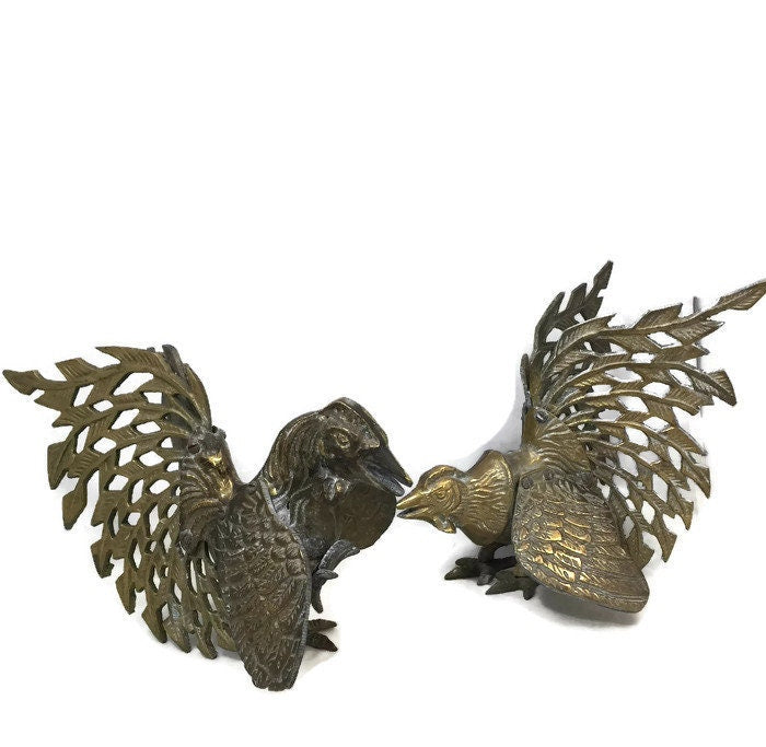 Pair of Vintage Brass Fighting Roosters Sparring Cocks good Sculptures Figures