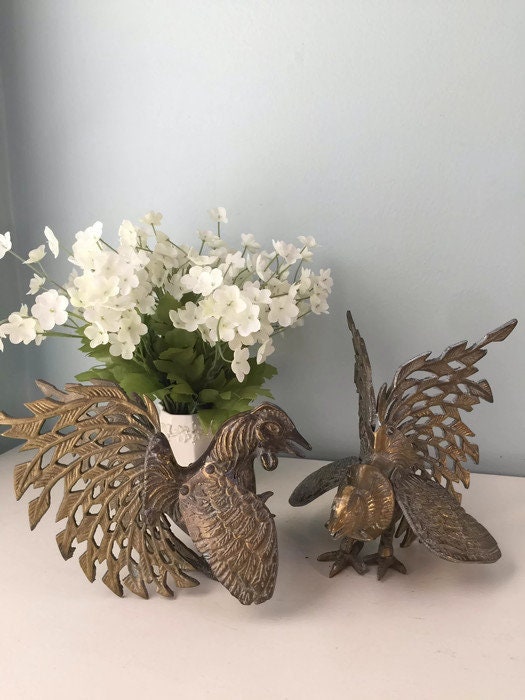 Vintage Brass Birds, Ornate Filagree Fighting Cocks, Midcentury Home Decor - Duckwells