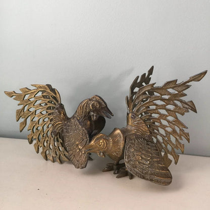 Vintage Brass Birds, Ornate Filagree Fighting Cocks, Midcentury Home Decor - Duckwells