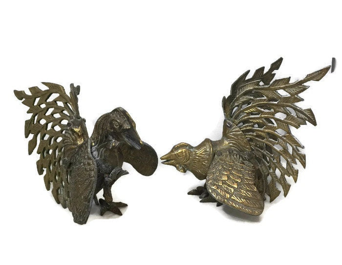 Vintage Brass Birds, Ornate Filagree Fighting Cocks, Midcentury Home Decor - Duckwells