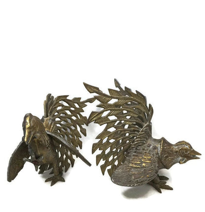 Vintage Brass Birds, Ornate Filagree Fighting Cocks, Midcentury Home Decor - Duckwells