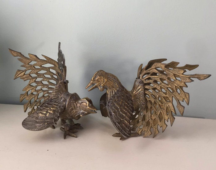 Vintage Brass Birds, Ornate Filagree Fighting Cocks, Midcentury Home Decor - Duckwells