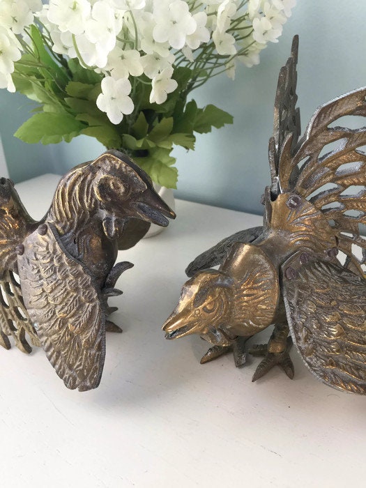 Vintage Brass Birds, Ornate Filagree Fighting Cocks, Midcentury Home Decor - Duckwells