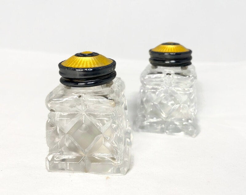 Vintage Norway Sterling and Guilloche Enamel Crystal Salt and Pepper Shakers