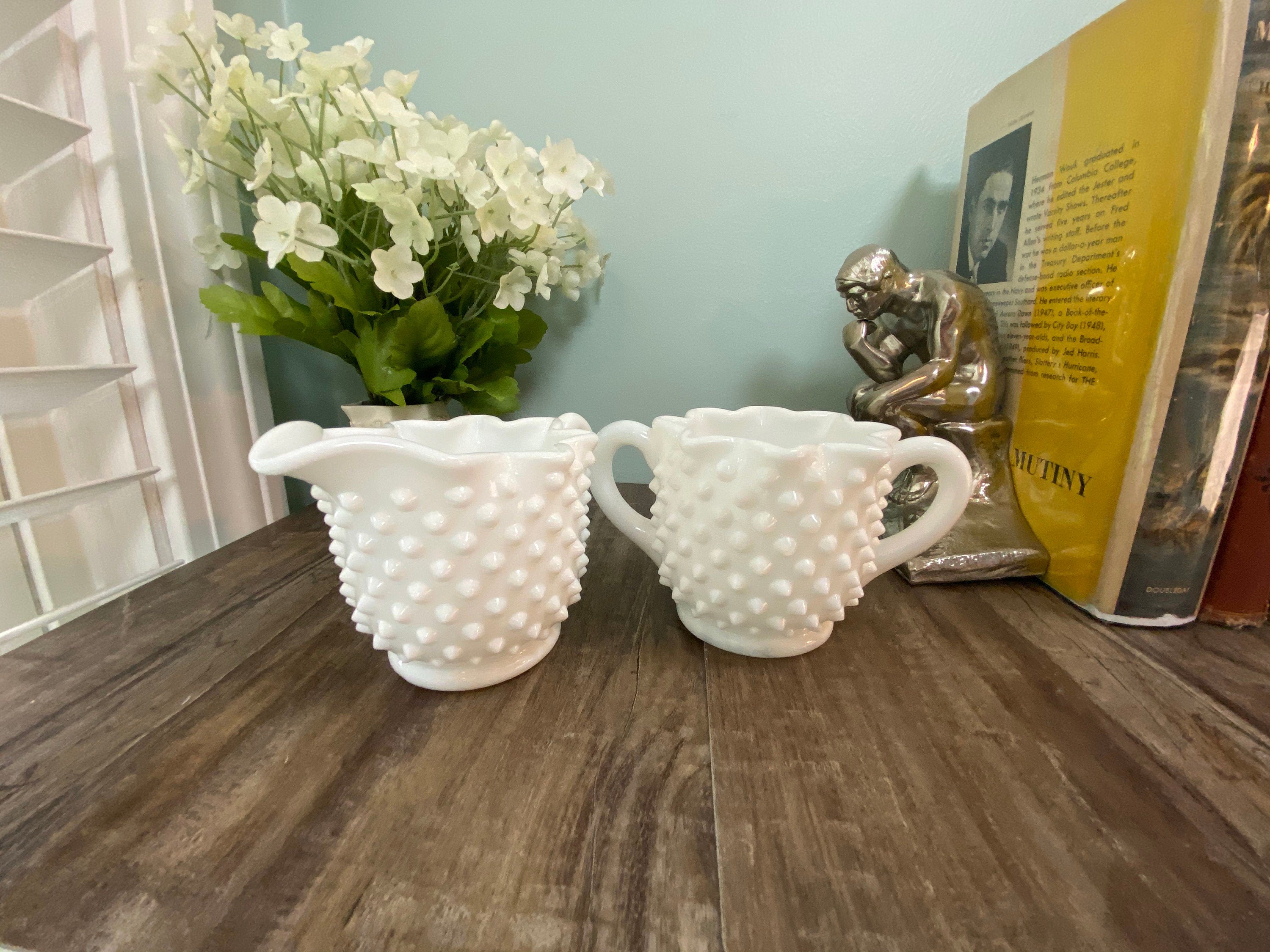 Fenton store Hobnail Pitcher with Sugar and Creamer Set