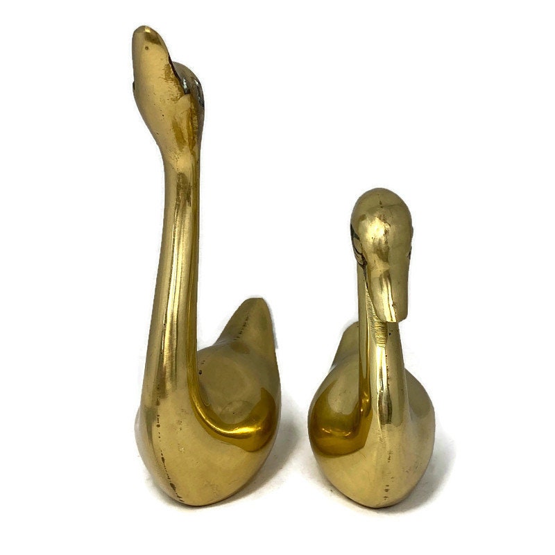 2 SMALL VINTAGE BRASS SWANS MADE IN KOREA 3 1/2 INCHES AND 2 1/2 INCHES  TALL