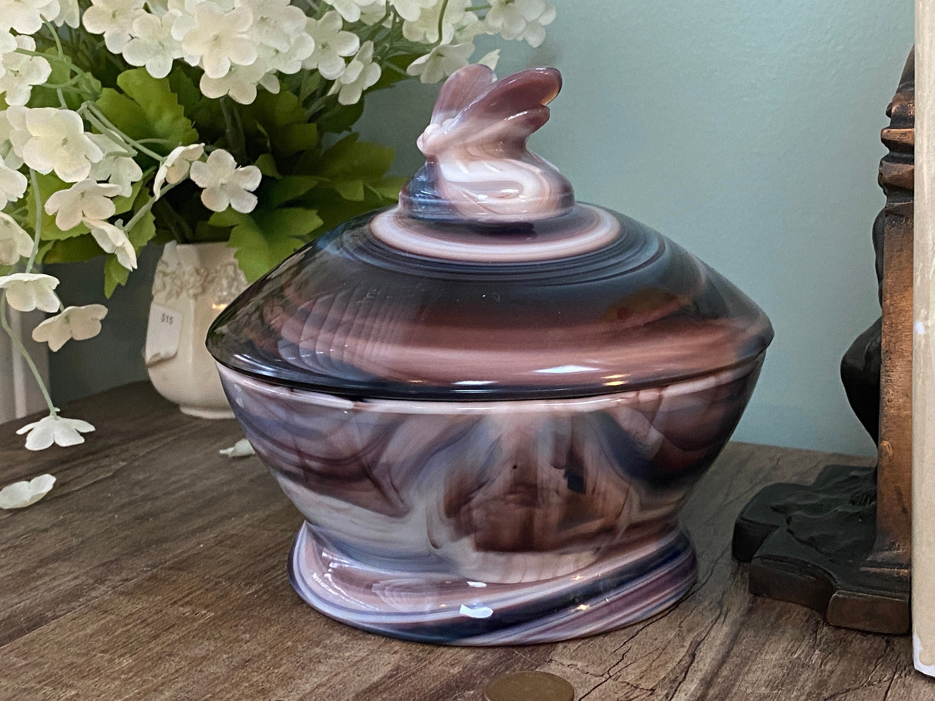 Purple Imperial Swirl Slag Glass Candy Jar Eagle hot Square Lid