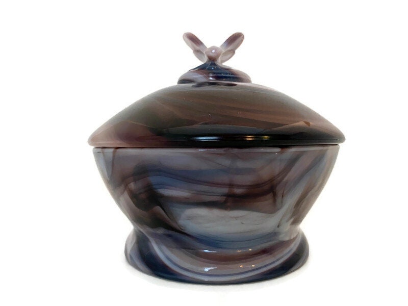 Purple Imperial Swirl Slag Glass Candy Jar Eagle hot Square Lid