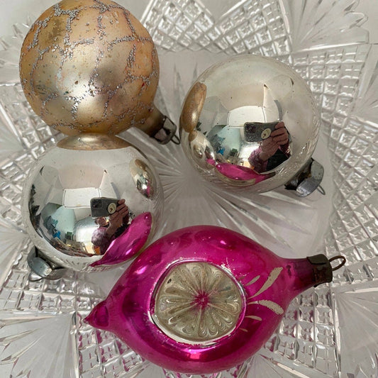 Vintage Pink and Silver Glass Christmas Ornaments