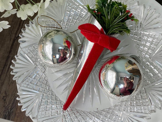 Vintage Metal Cone and Silver Glass Balls Holiday Decorations