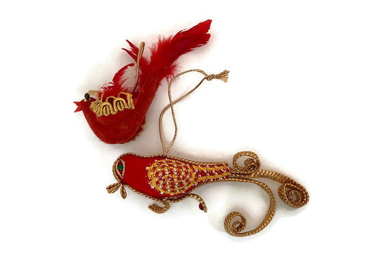 Vintage Red and Gold Birds Holiday Hanging Ornaments