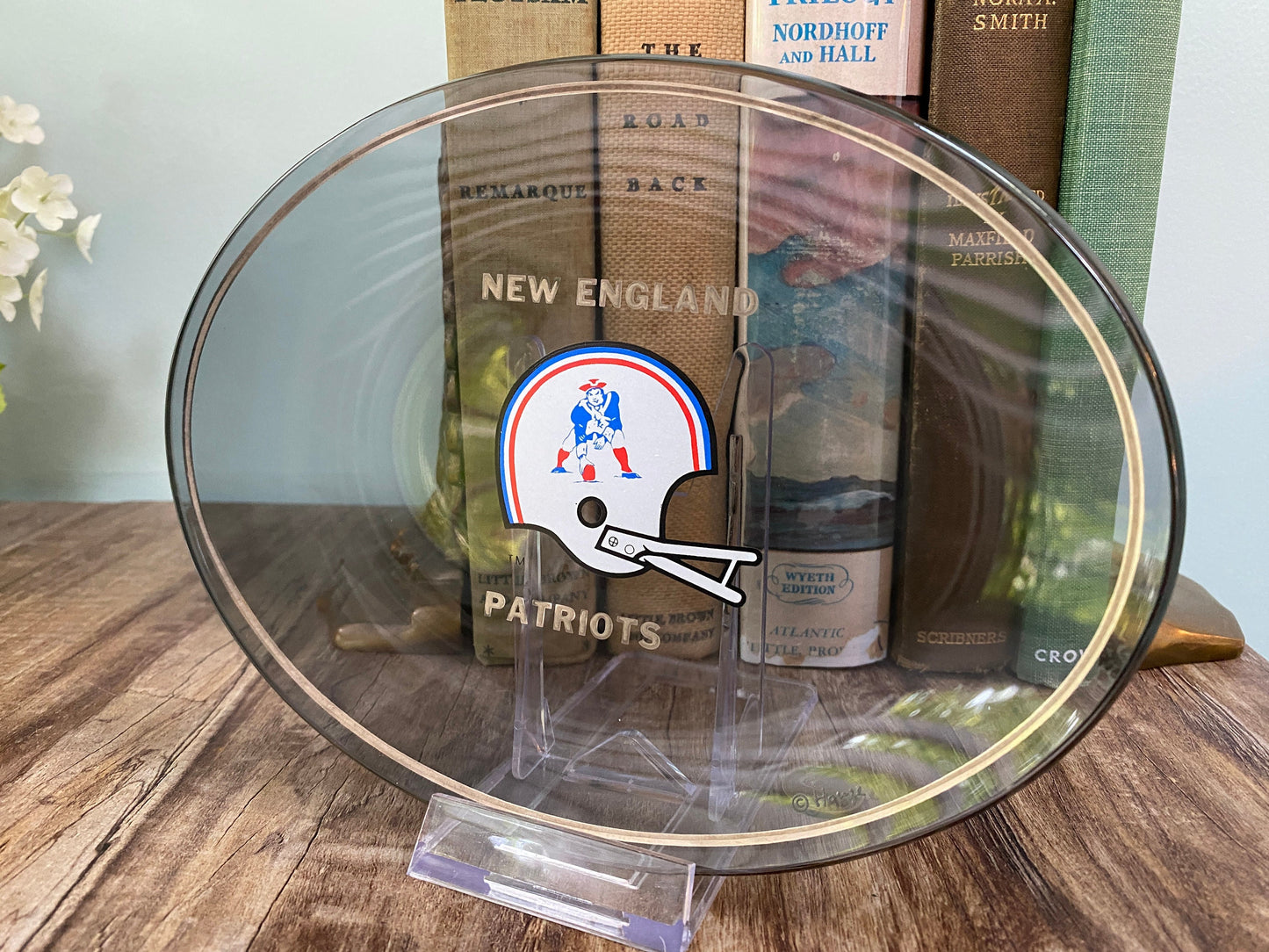 Vintage New England Patriots Smoked Glass Dish by Houze Glass