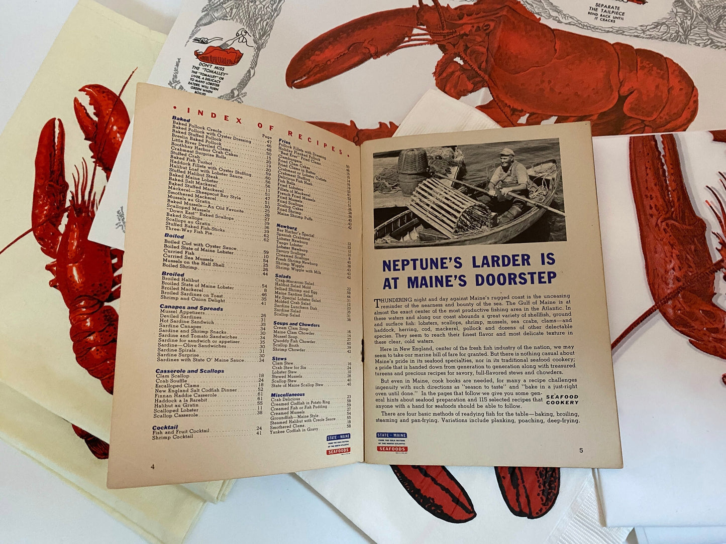 Vintage Maine Lobster Set, Bibs, Napkins, and Recipe Book