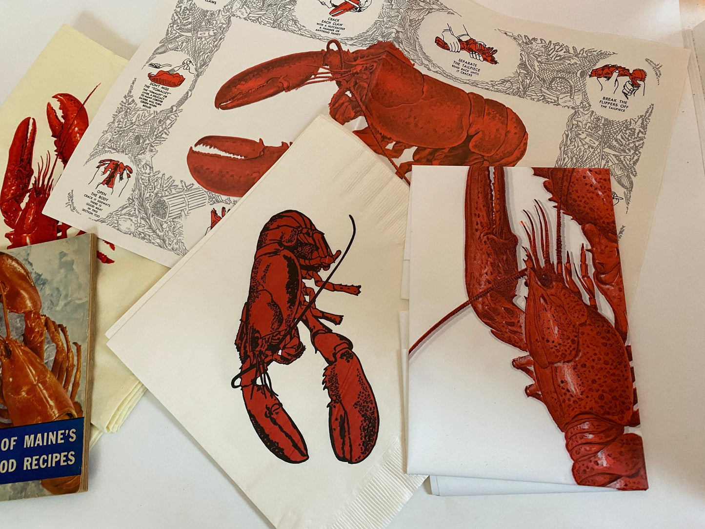 Vintage Maine Lobster Set, Bibs, Napkins, and Recipe Book