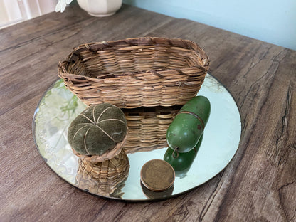 Vintage Small Sewing Basket with Wicker Pin Cushion and German Needle Case