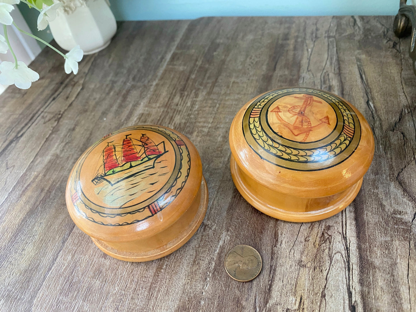 Vintage Nautical Hand Painted Wood Trinket Boxes