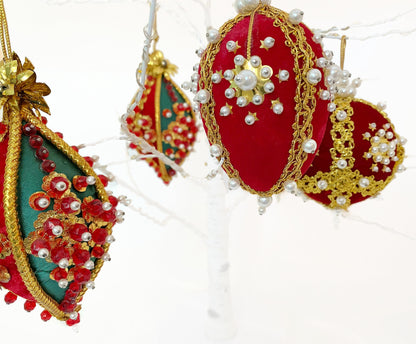 Vintage Beaded Red Green and Gold Christmas Ornaments