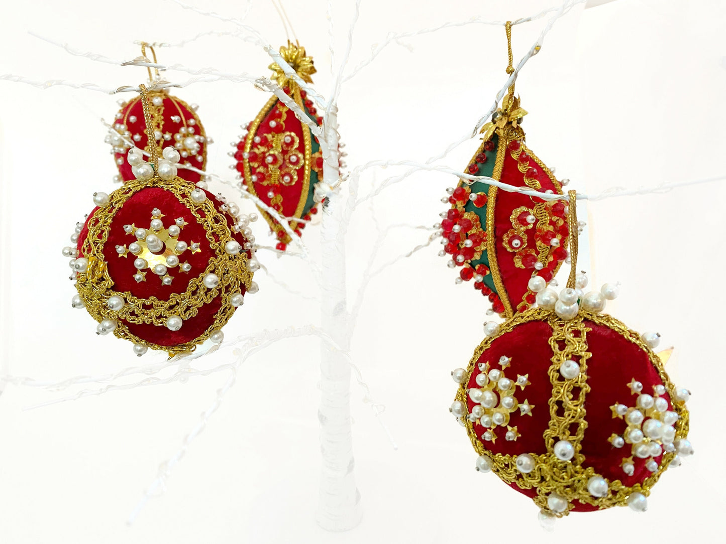 Vintage Beaded Red Green and Gold Christmas Ornaments