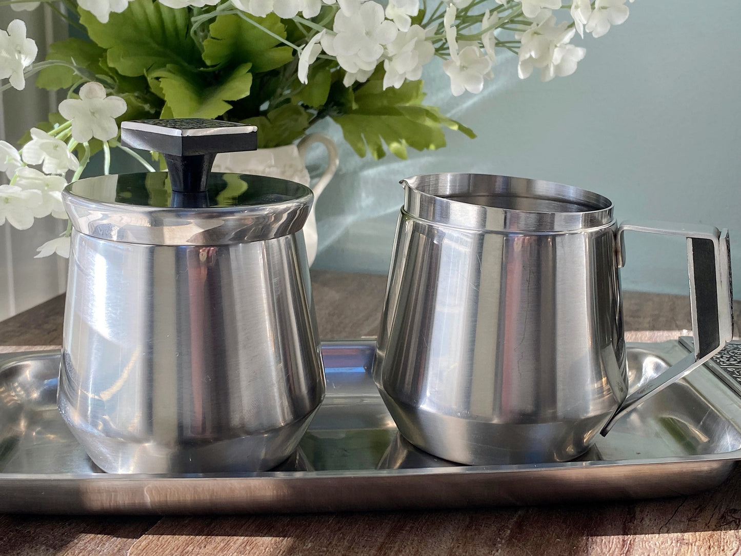 Midcentury Stainless Sugar and Creamer Set by Stanley Roberts